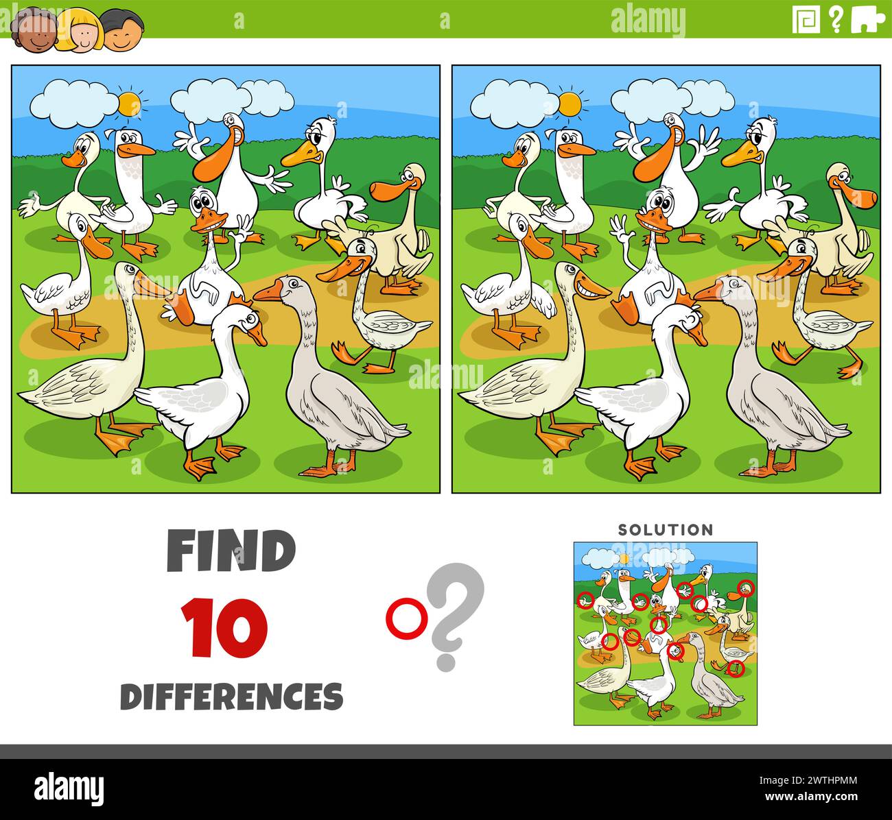 Illustration de dessin animé de trouver les différences entre les images jeu éducatif avec les oiseaux d'oies ferme animaux de personnages Illustration de Vecteur