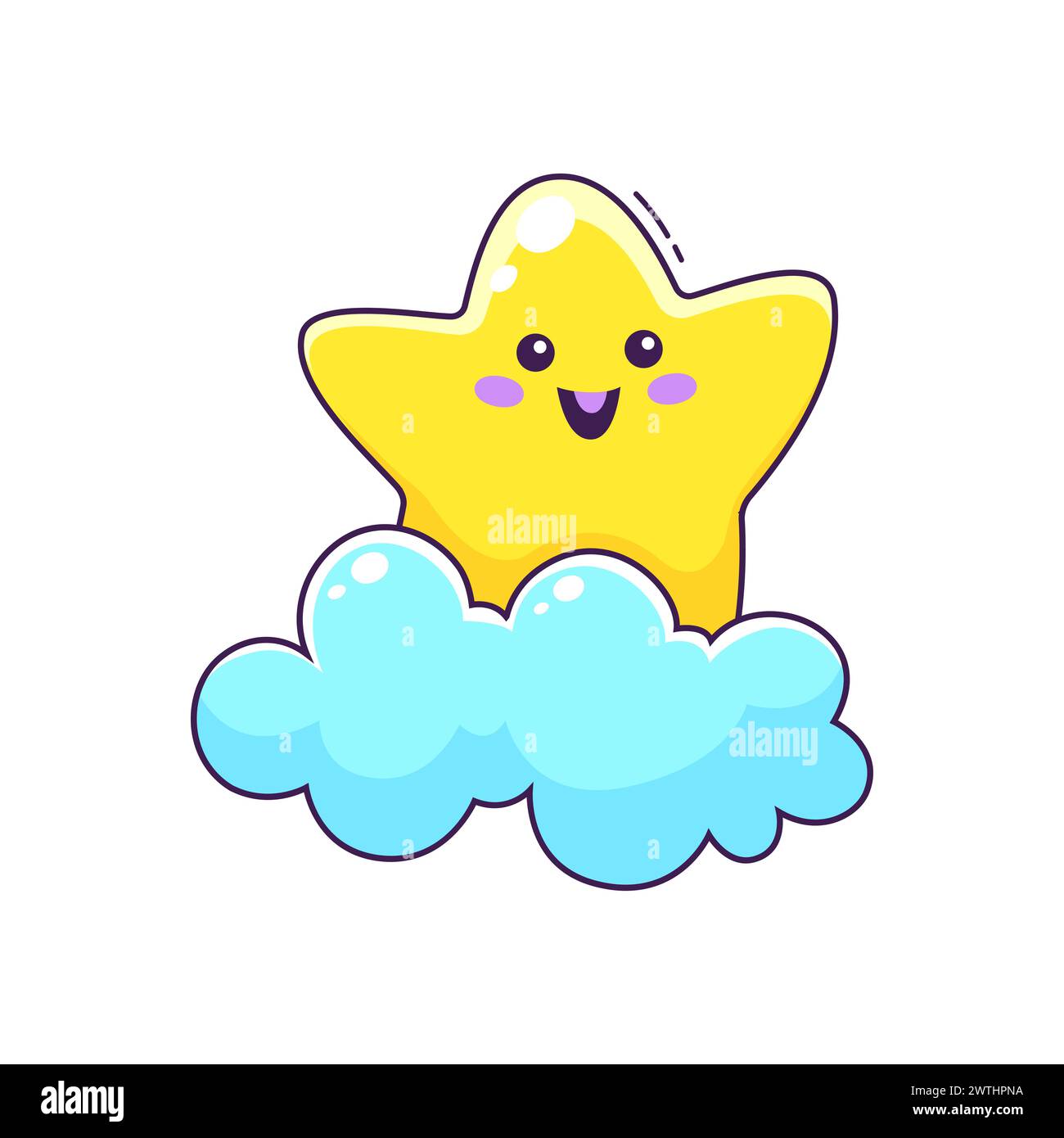 Personnage d'étoile kawaii mignon de dessin animé sur le nuage. Joyeux sourire petit personnage vecteur étoile scintillante debout sur le nuage bleu dans le ciel. Joyeuse superstar agitant émoticône de dessin animé, objet spatial emoji Illustration de Vecteur