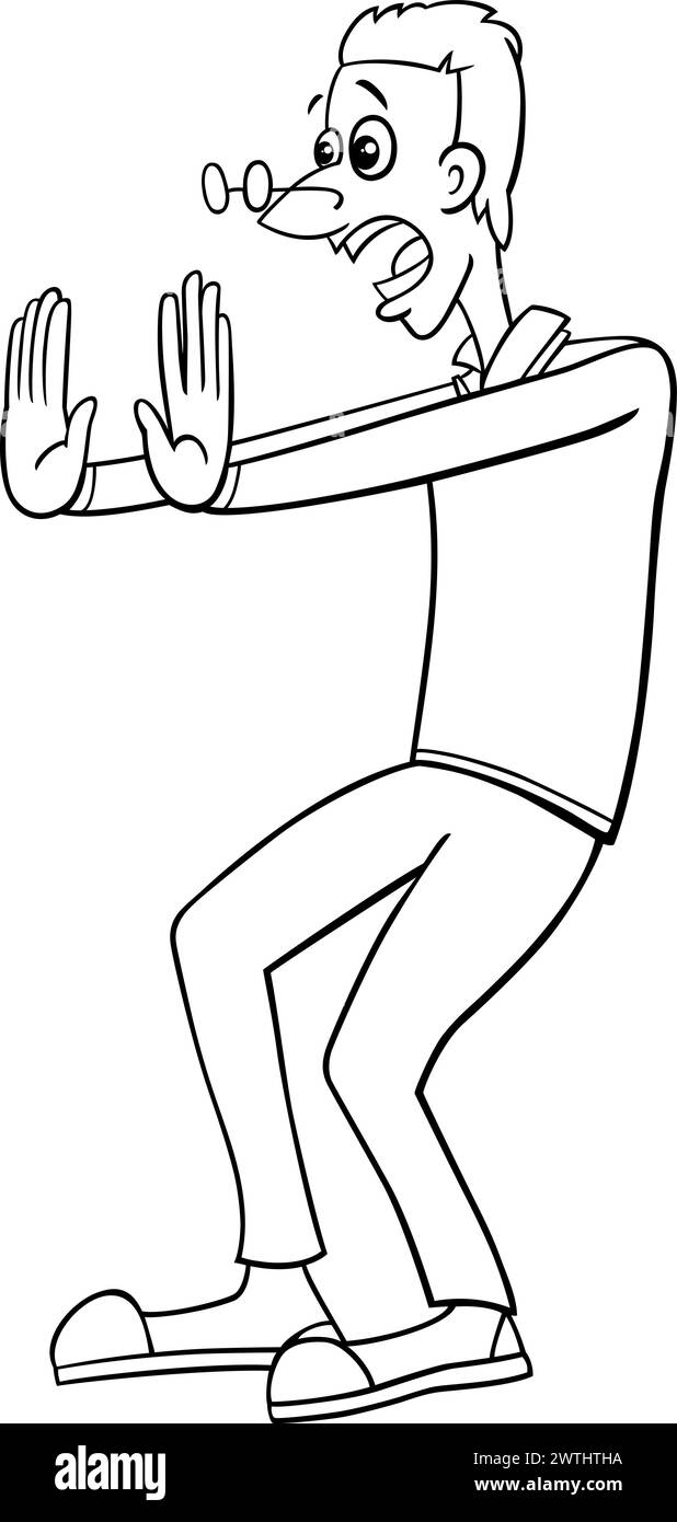 Illustration de dessin animé de la page de coloriage de personnage comique de jeune homme ou de Guy surpris ou effrayé Illustration de Vecteur