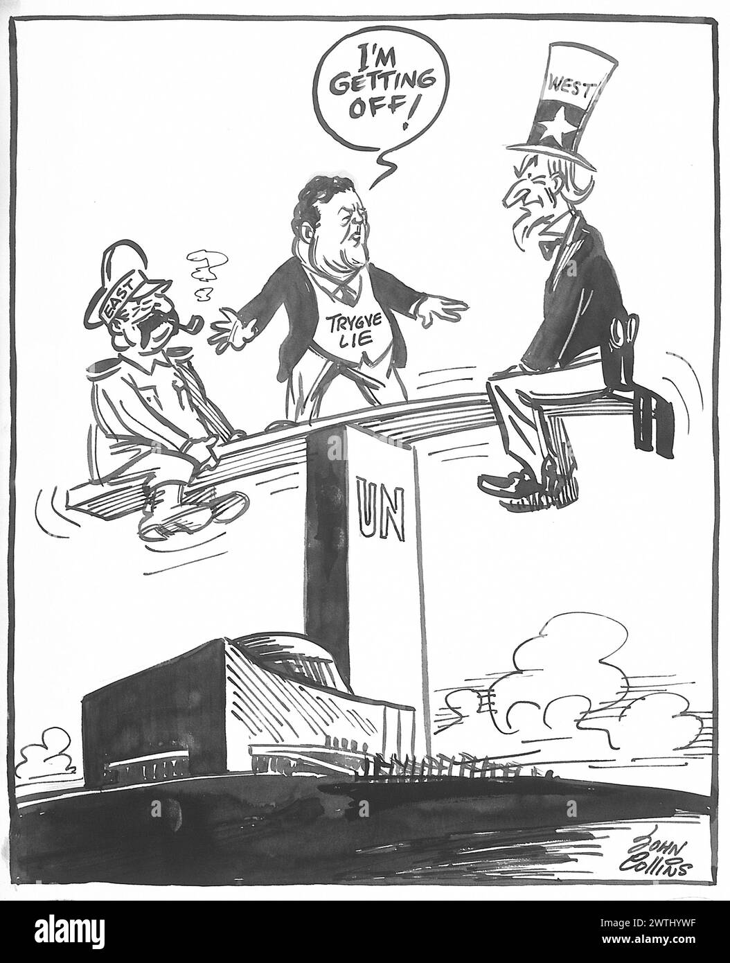 Dessin animé - L'homme au milieu. John Collins (1917-2007) Banque D'Images