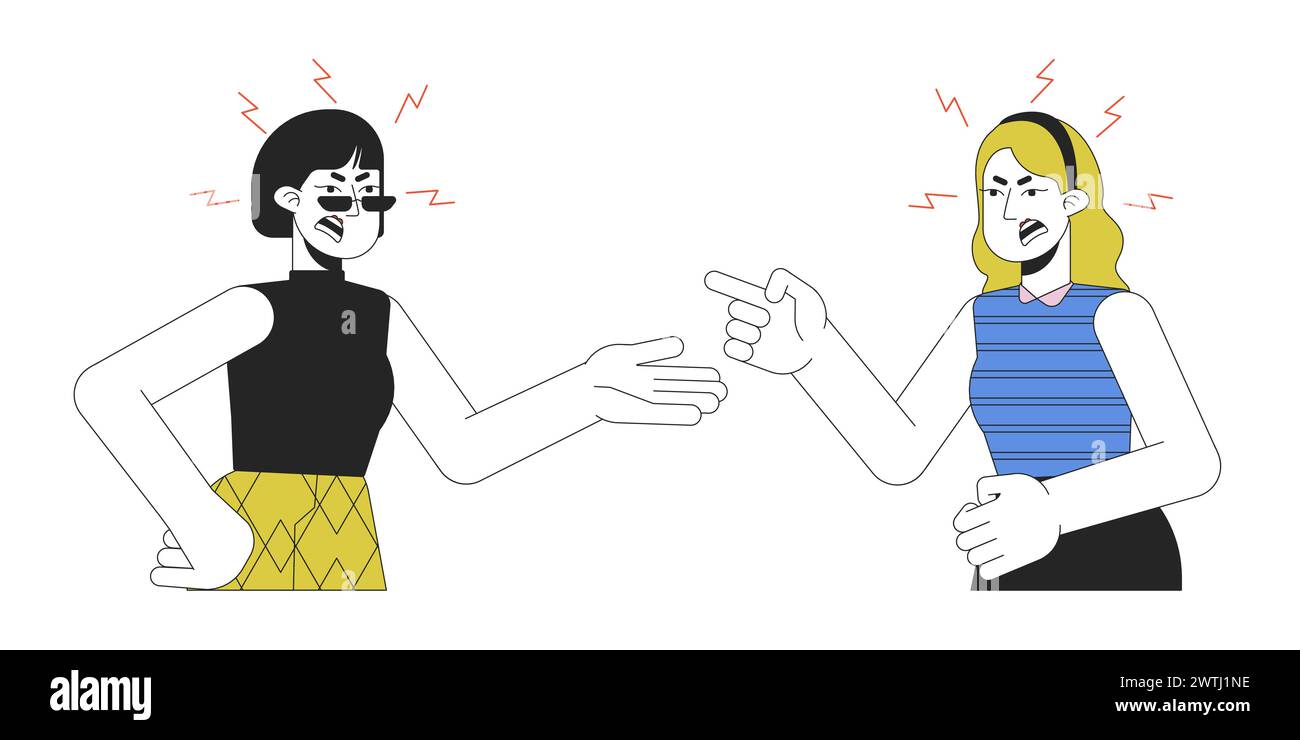 Femmes relation toxique 2D personnages de dessins animés linéaires Illustration de Vecteur
