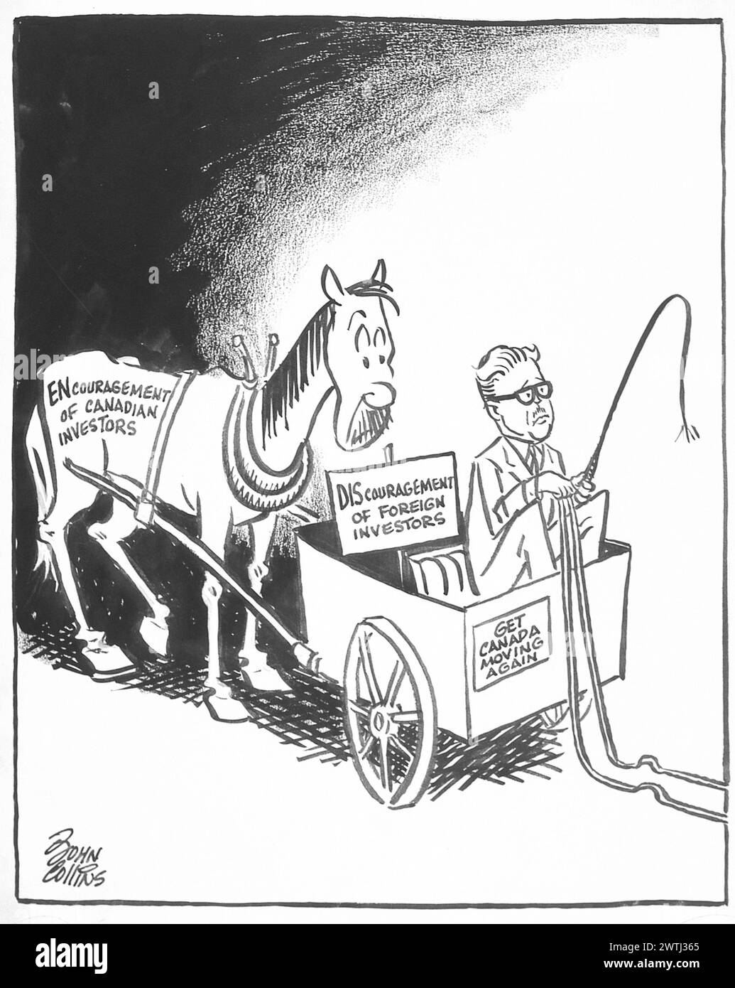 Dessin animé - toujours mettre le chariot devant le cheval. John Collins (1917-2007) Banque D'Images