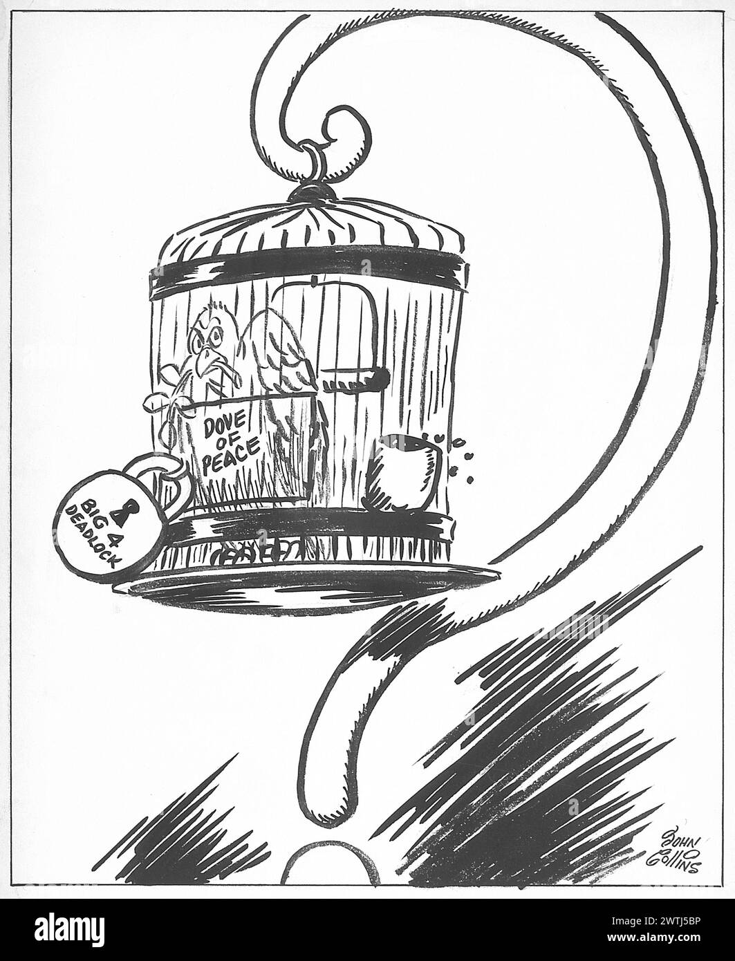 Dessin animé - seulement un oiseau dans une cage dorée. John Collins (1917-2007) Banque D'Images