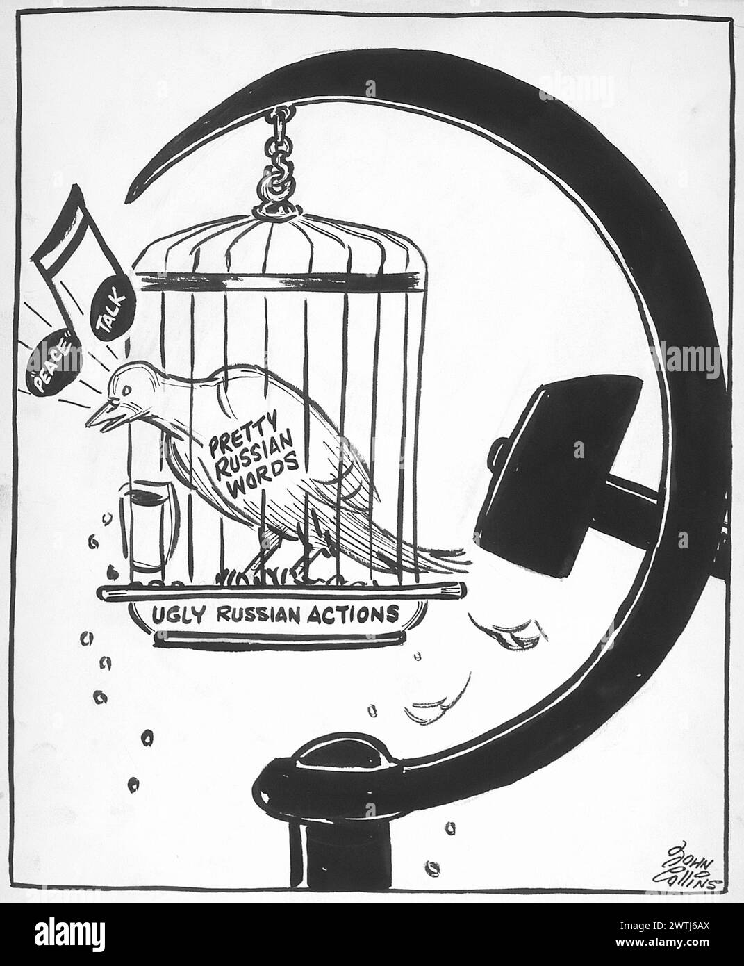 Dessin animé - seulement un oiseau dans une cage coupable. John Collins (1917-2007) Banque D'Images