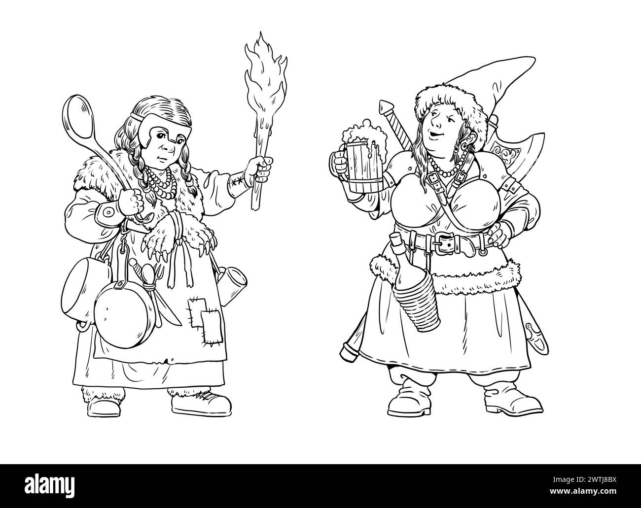 Dessin avec deux naines de guerre féminines. Personnages fantastiques drôles à colorier. Banque D'Images
