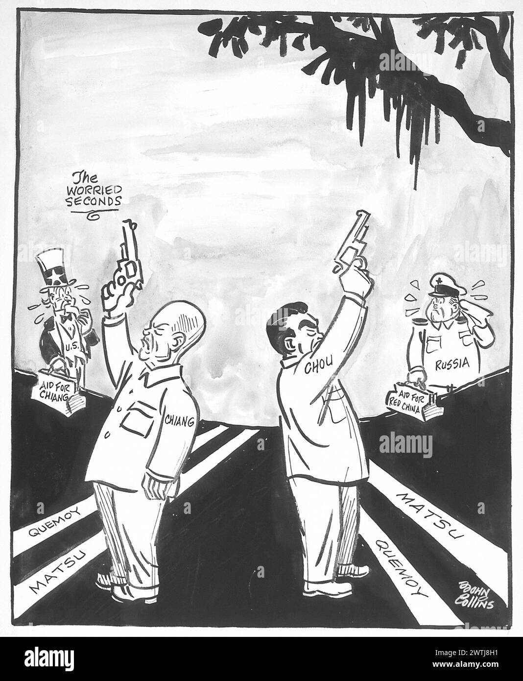 Dessin animé - Duel à deux endroits. John Collins (1917-2007) Banque D'Images