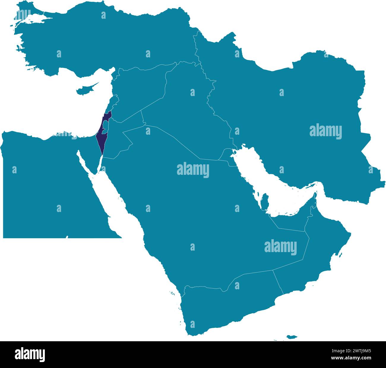 Carte violette d'ISRAËL à l'intérieur de la carte bleue marine du moyen-Orient Illustration de Vecteur