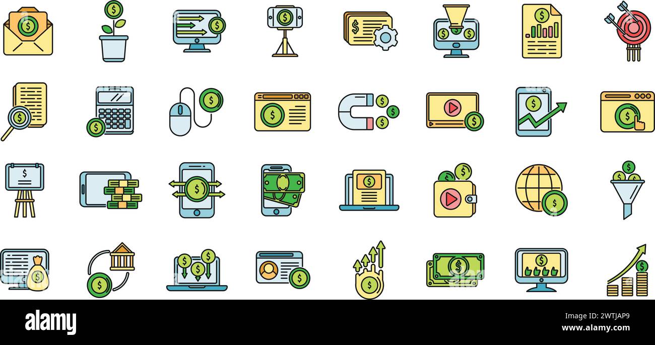 Les icônes de monétisation définissent le vecteur de contour. Argent des données. Blog d'affaires mince ligne couleur plat isolé Illustration de Vecteur