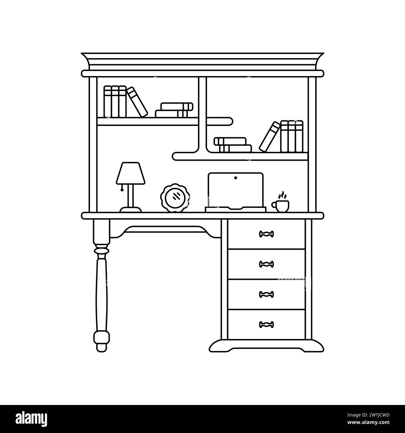 Concept linéaire des icônes de meubles de maison. Aperçu d'une table de livre. Vecteur de lieu de travail. Vecteur de table de chevet de bureau d'ordinateur. Lampe sur une table de chevet. Illustration de Vecteur