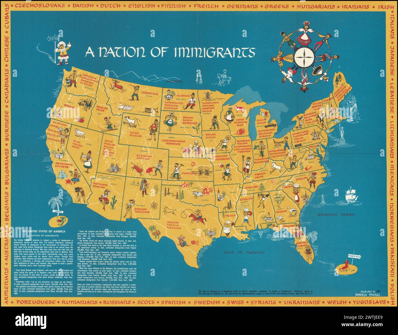 Carte picturale conçue comme pièce d'accompagnement du pamphlet de John F. Kennedy, A Nation of immigrants (1959) Banque D'Images