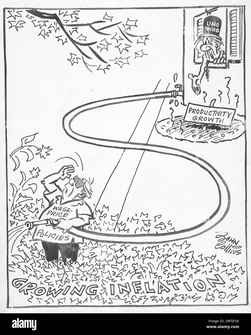 Dessin animé - arroser les mauvaises herbes. John Collins (1917-2007) Banque D'Images