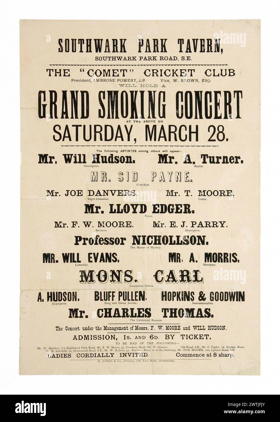 Affiche magique - le Club de cricket 'Comet' tiendra un concert Grand Smoking Banque D'Images