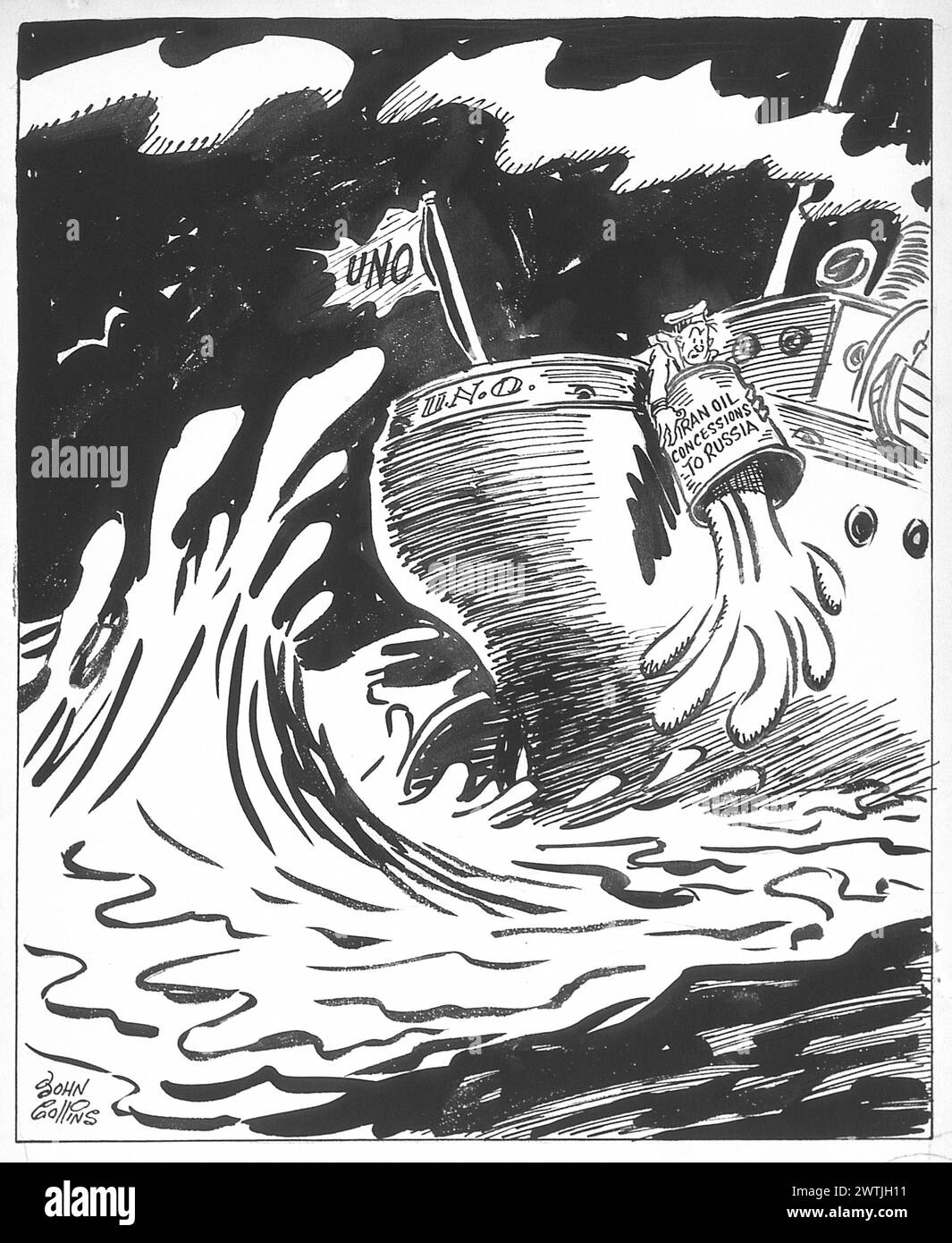 Dessin animé - huile sur les eaux troublées. John Collins (1917-2007) Banque D'Images