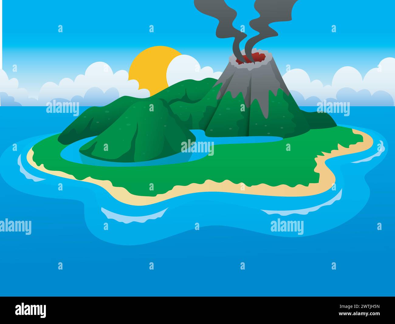 Volcans et Un petit lac dans Une belle île, illustration vectorielle Illustration de Vecteur