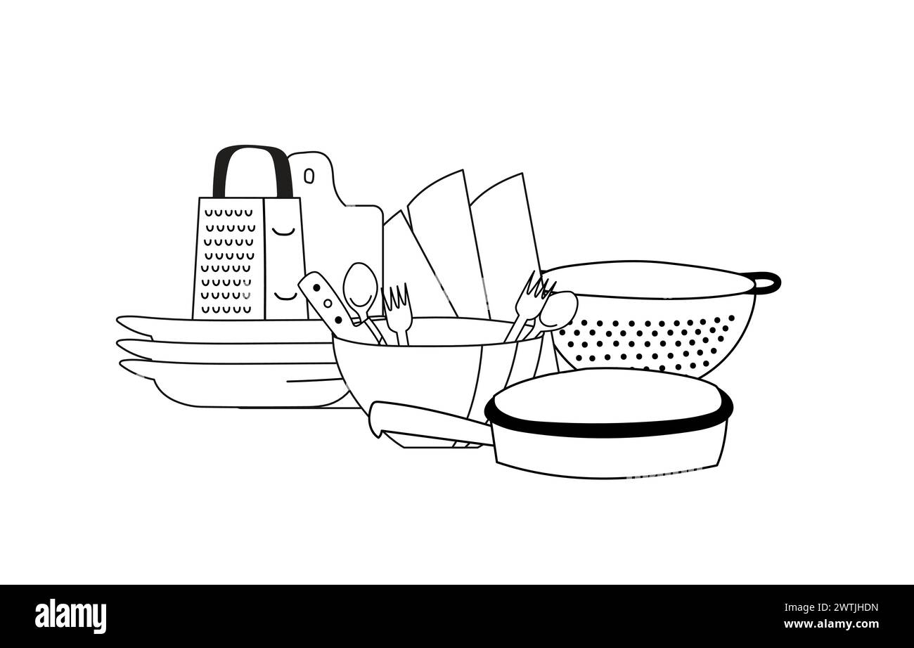 Groupe d'objets composition de désordre. Ustensiles de cuisine linéaires : niveleuse, planche à découper, bols, assiettes, casserole. Illustration de Vecteur