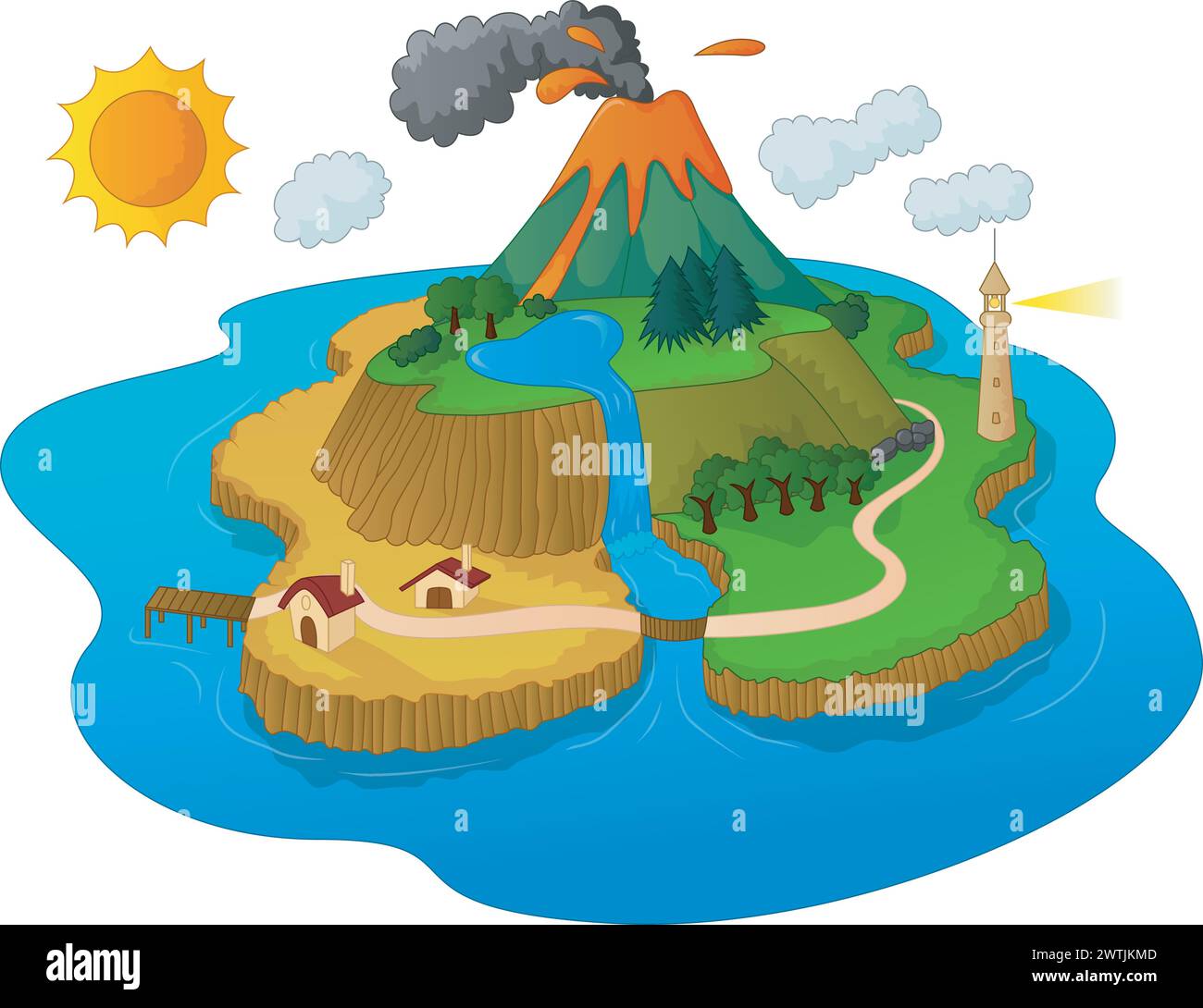Une belle île avec des volcans en éruption, illustration vectorielle Illustration de Vecteur