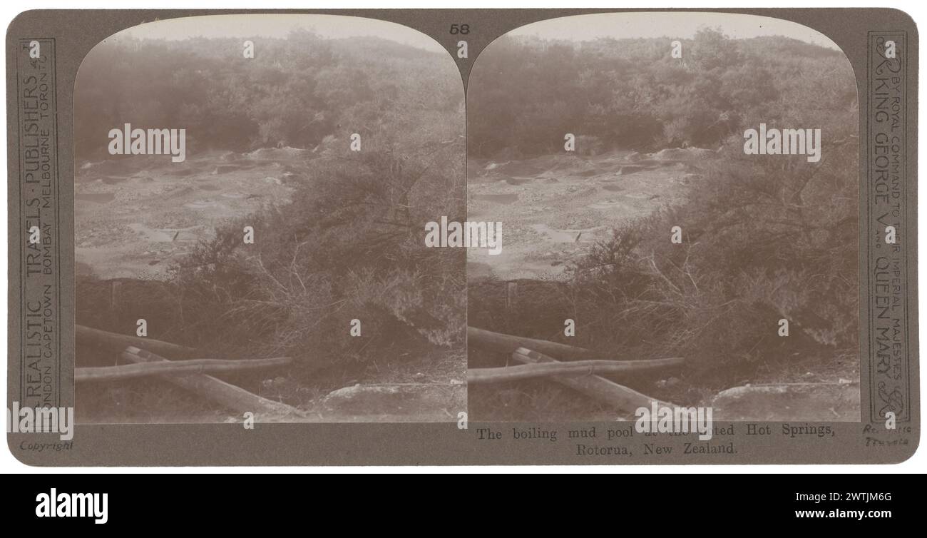 Bassin de boue bouillante, sources chaudes, photographies stéréoscopiques de Rotorua, tirages noir et blanc Banque D'Images