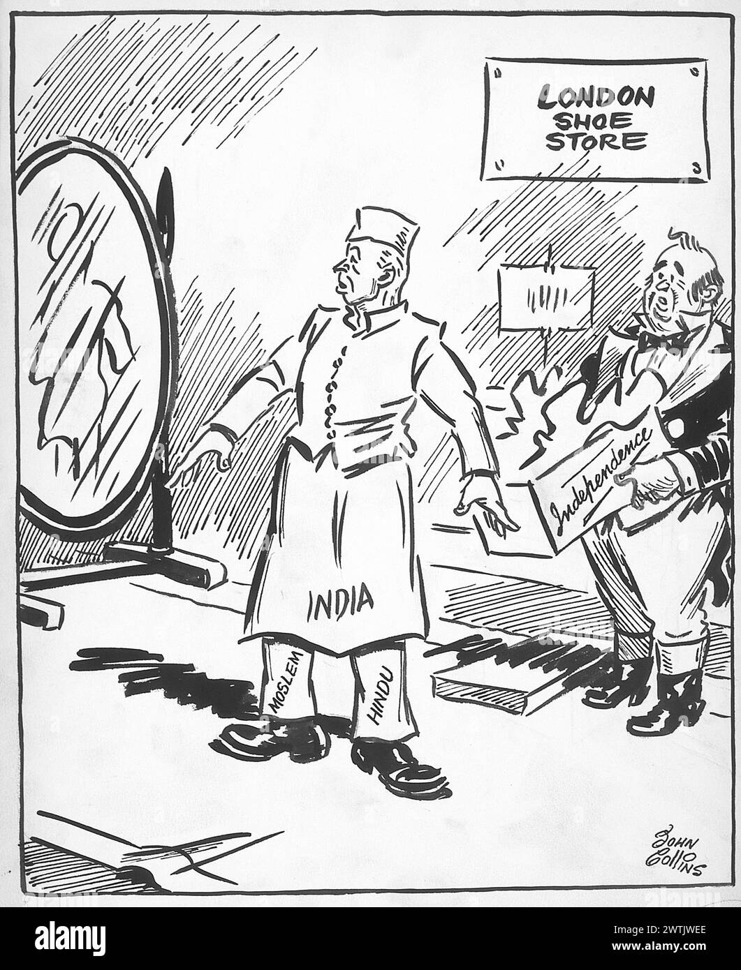 Dessin animé - mais maintenant il doit apprendre à se tenir debout sur ses propres pieds. John Collins (1917-2007) Banque D'Images