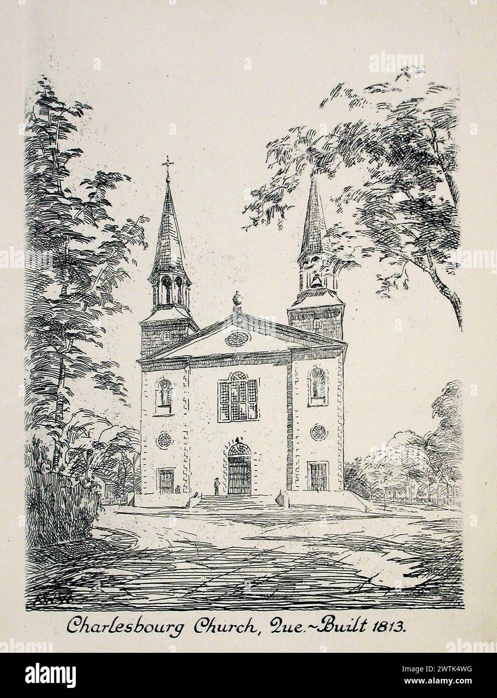 Gravure - Église de Charlesbourg, Que. - Construit en 1813 Banque D'Images
