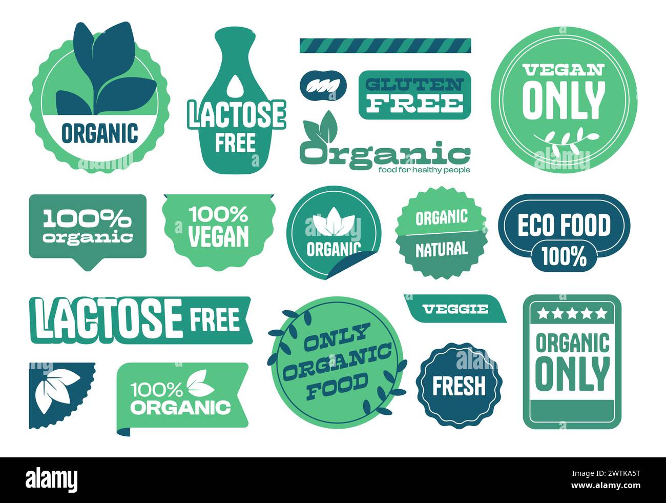 Étiquettes d'aliments biologiques. Éco végétarien, sans gluten et sans lactose avec des feuilles, des icônes naturelles de produits frais de la ferme. Collection de badges d'écologie de régime sain de vecteur. Emblèmes de qualité verte Illustration de Vecteur