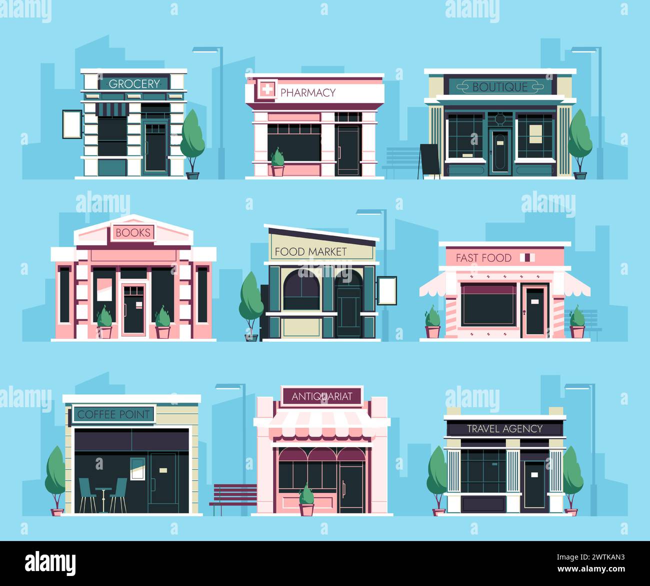 Façade du magasin. Façade de magasin local de dessin animé avec fenêtre et porte, extérieur de petite entreprise de détail avec vitrine et auvent. Ensemble de vitrine vectorielle Illustration de Vecteur