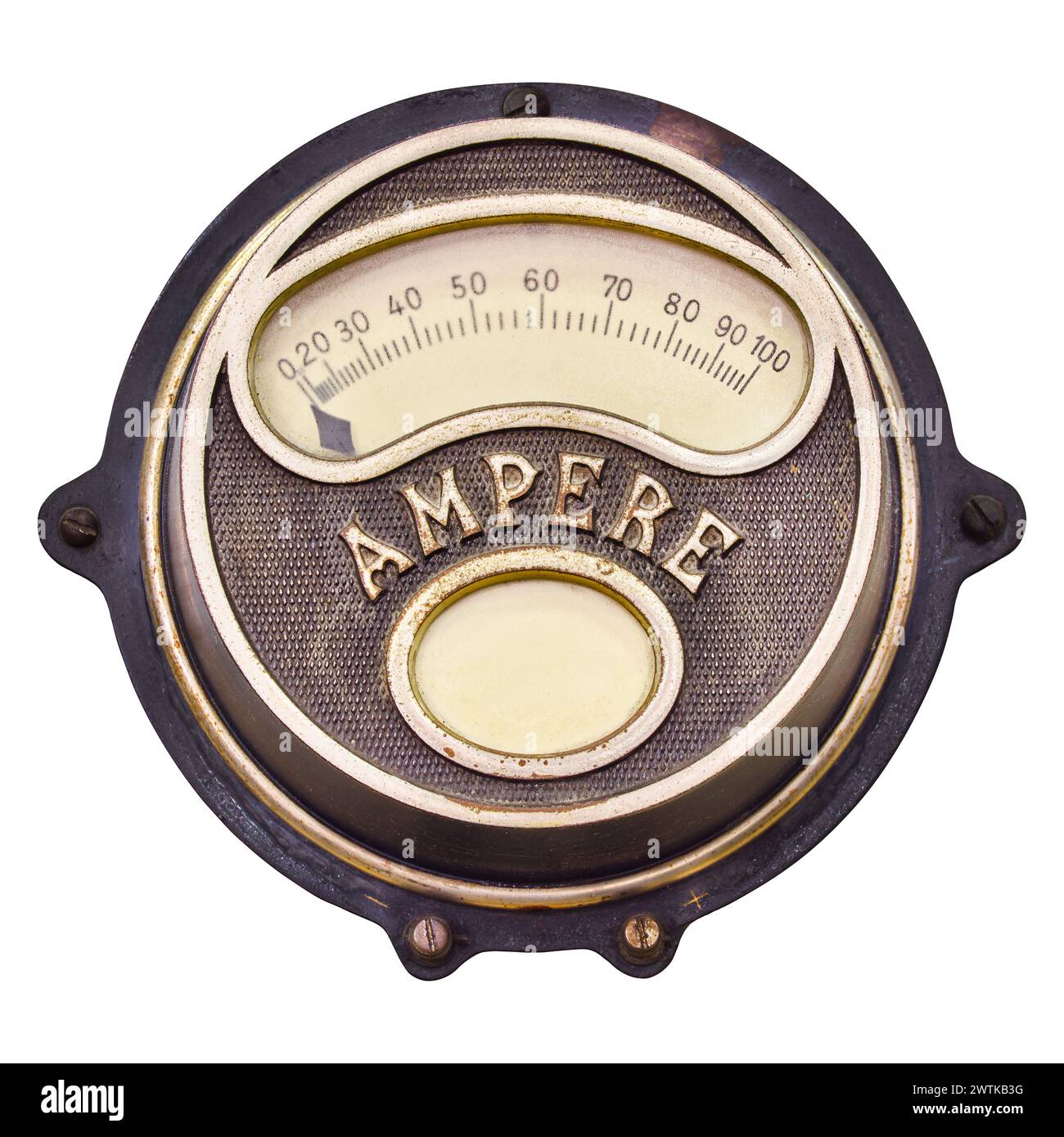 Ampèremètre analogique circulaire vintage isolé sur un fond blanc Banque D'Images
