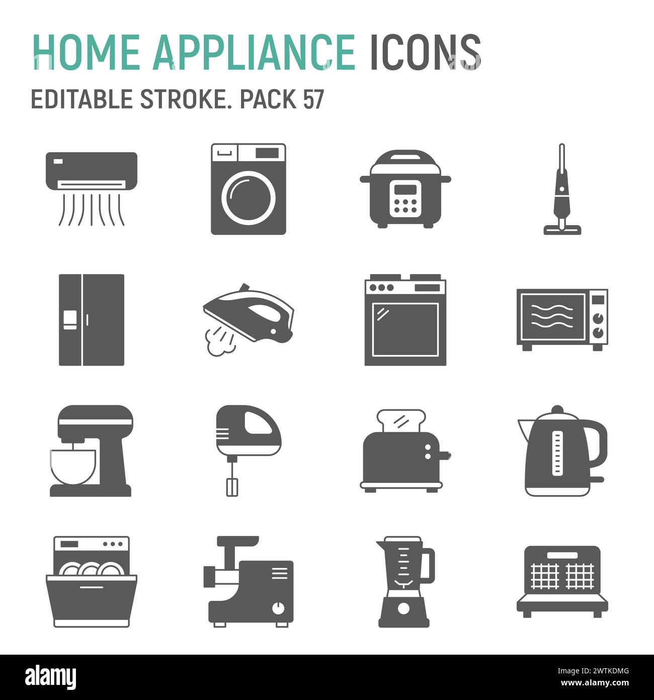 Jeu d'icônes de glyphe d'appareils ménagers, collection de ménage, graphiques vectoriels, illustrations de logo, icônes vectorielles d'équipement de maison, signes d'appareils ménagers, pictogrammes solides, trait éditable Illustration de Vecteur