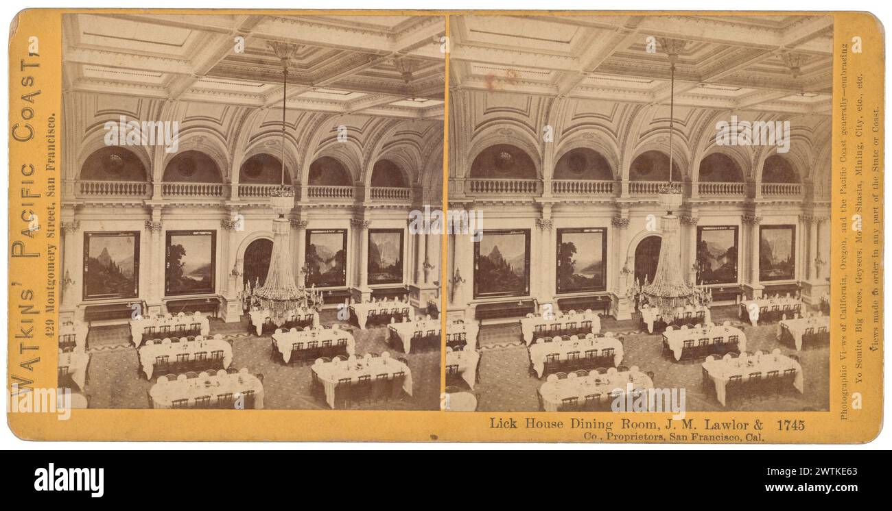 Lick House Dining Room, J. M. Lawlor & Co., propriétaires, photographies stéréoscopiques de San Francisco, tirages à l'albumen, tirages en noir et blanc Banque D'Images