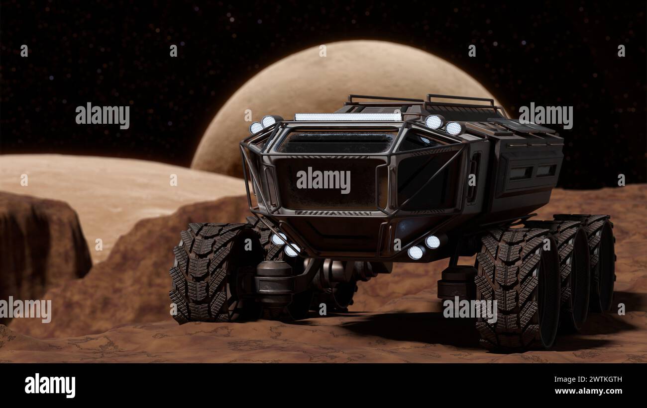 Lunar rover manœuvre un terrain rocheux avec une grande planète visible en arrière-plan. rendu 3d. Banque D'Images