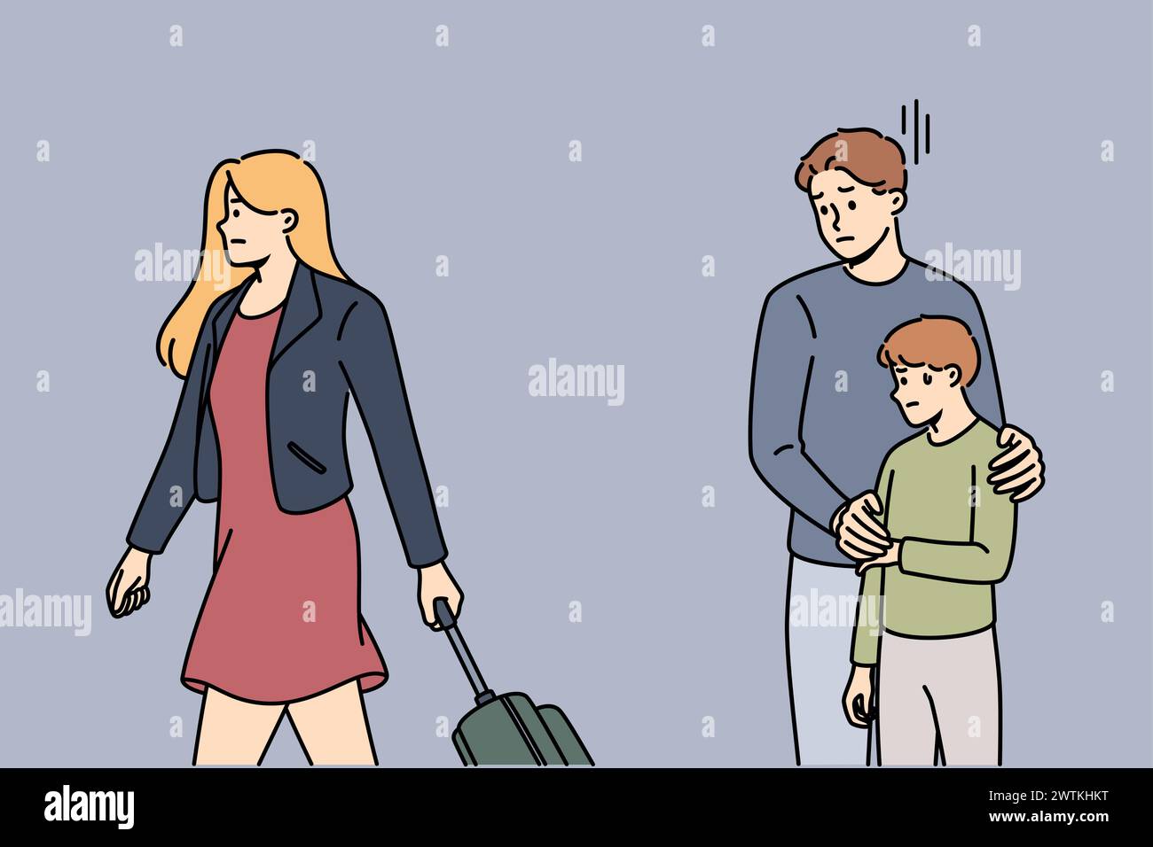 Le divorce des parents traumatise l'enfant, éprouve du stress à cause de la mère avec valise quittant la famille. Le divorce entre l'homme et la femme provoque la frustration et la dépression chez le garçon pré-adolescent Illustration de Vecteur