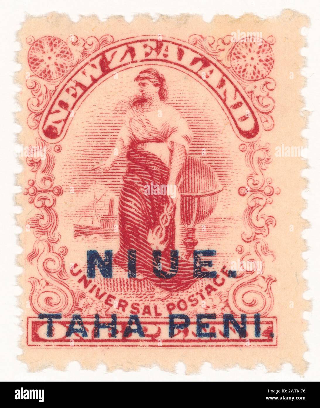 Timbre d'un penny 'Penny Universal' surimprimé avec 'NIUE. / TAHA PENI.' timbres-poste Banque D'Images