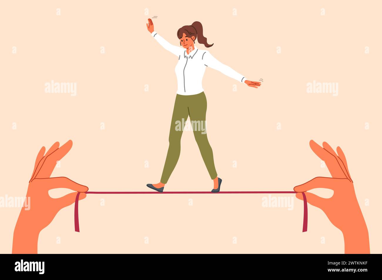 Femme d'affaires prend des risques, marchant la corde raide dans les mains de l'employeur, démontrant la capacité d'équilibre Illustration de Vecteur