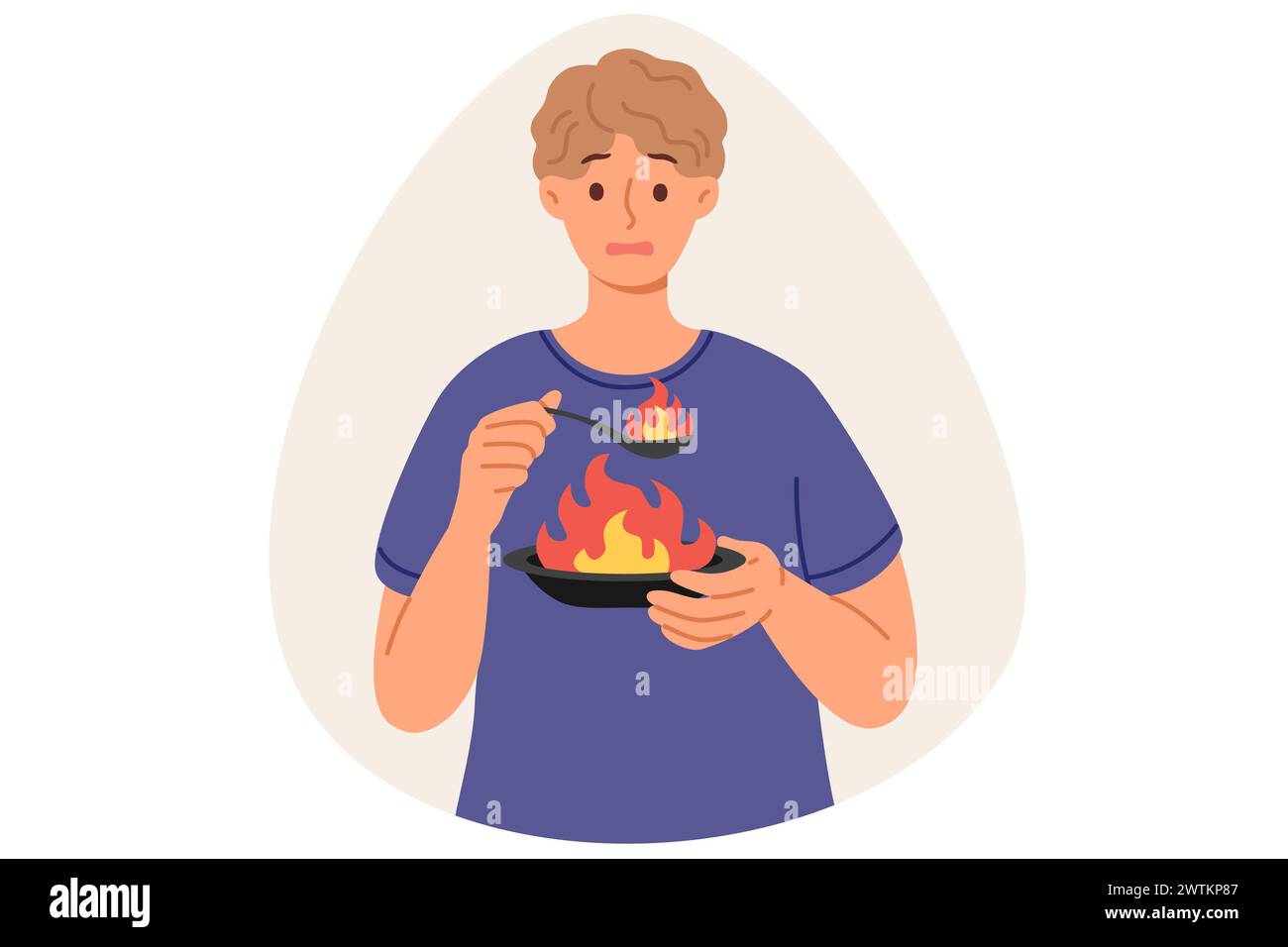 L'homme mange de la nourriture très épicée, provoquant une sensation de brûlure dans la bouche, tenant la plaque et la cuillère avec la flamme Illustration de Vecteur