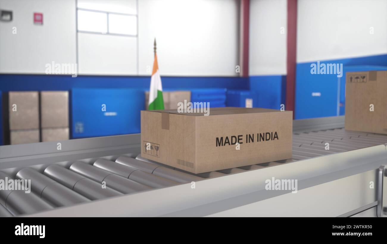 Fabriqué en INDE importation et concept d'exportation. Boîtes en carton avec des produits de L'INDE sur le convoyeur à rouleaux. illustration 3d. Banque D'Images