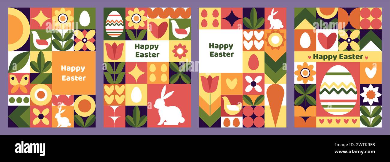 Cartes de vœux de Pâques. Vacances de printemps. Icônes géométriques lapin et oeuf. Lapin à la carotte. Fleurs printanières. Animaux et plantes mignons. Collage carré graphique. Motifs mosaïques. Ensemble d'affiches joyeuses de vecteur Illustration de Vecteur