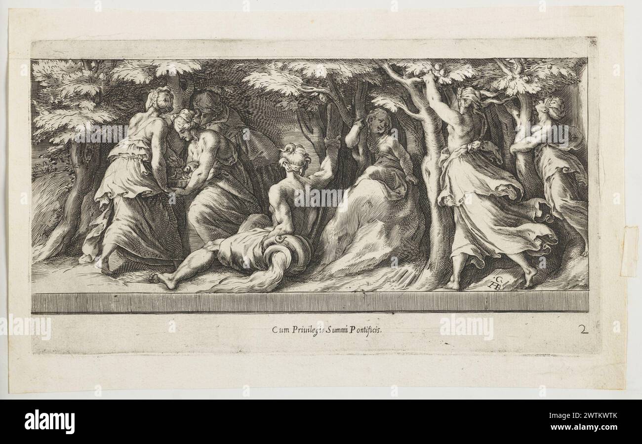 Nymphes dans le jardin des Hespérides cueillant les pommes dorées travaille sur papier, gravures Banque D'Images