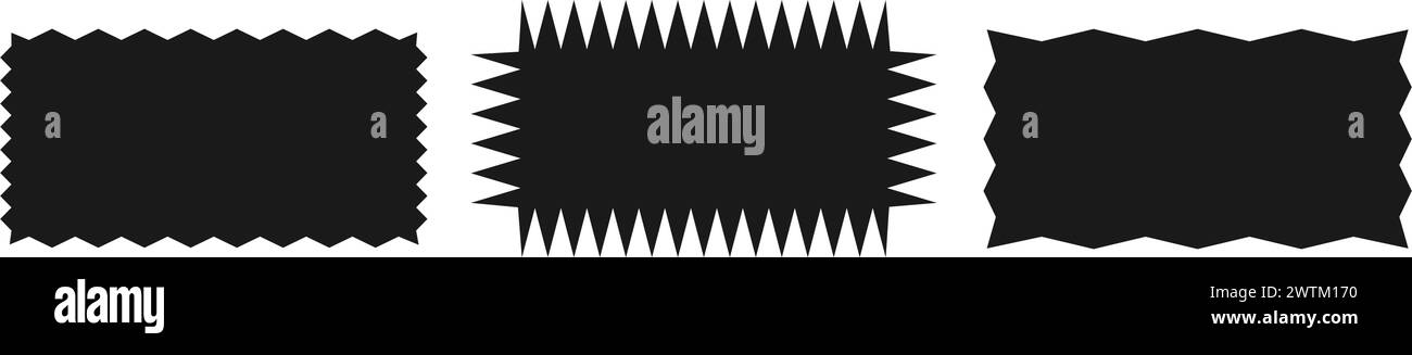 Forme rectangulaire zigzag.Un ensemble de formes rectangulaires zigzag inégales. Couleur noire. Éléments isolés pour la conception de zone de texte, bouton, badge, bannière, tag, Illustration de Vecteur