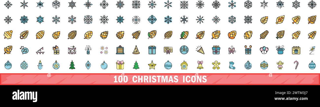 ensemble d'icônes de noël 100. Ensemble de ligne de couleur d'icônes vectorielles de noël couleur de ligne mince plat sur blanc Illustration de Vecteur