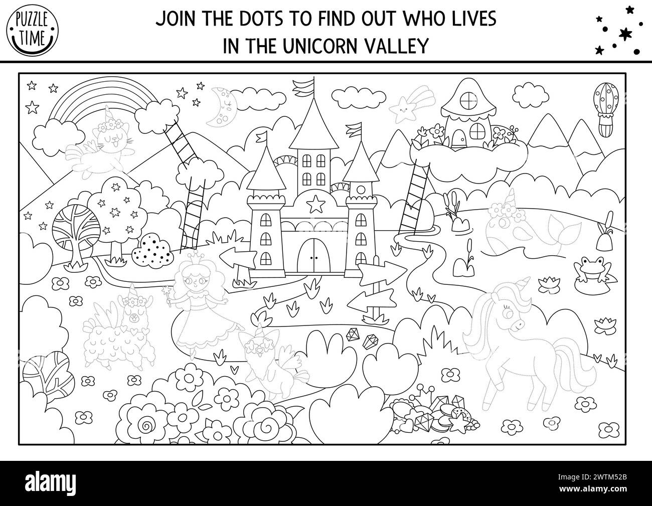 Joignez-vous aux points pour savoir qui vit dans la vallée de licorne. Dessin de conte de fées vectoriel, feuille de travail de pratique de traçage avec paysage de pays magique. bl. Imprimable Illustration de Vecteur