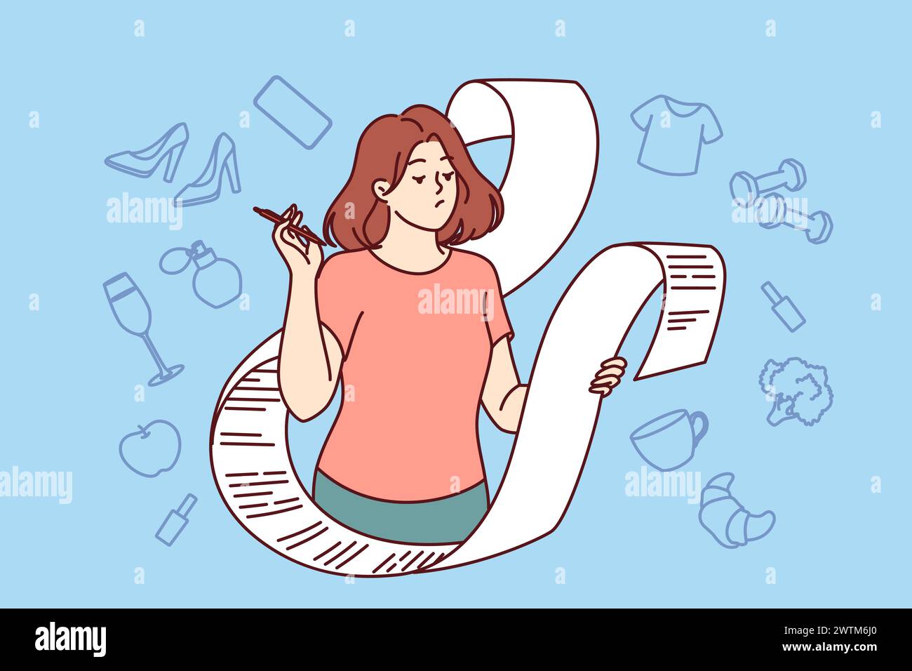 La femme tient de longs reçus avec des dépenses et est embarrassée par des factures pour des achats ou des services. Girl fait une liste de souhaits sur papier, décrivant un plan financier pour les achats afin de réduire les risques économiques. Illustration de Vecteur