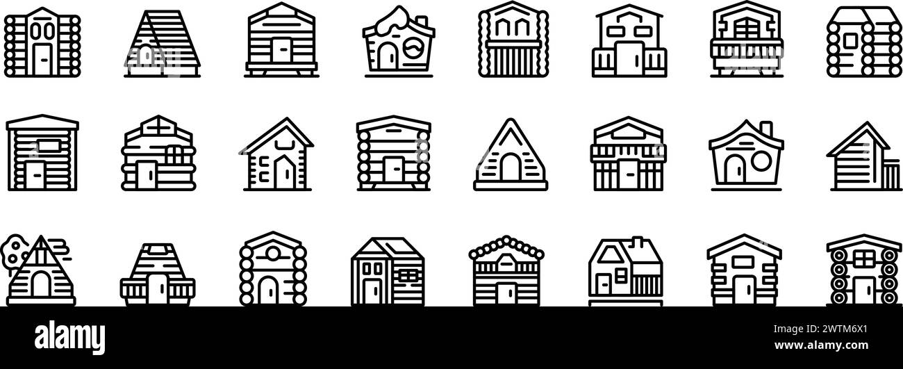 Icônes de cabine en bois définissent le vecteur de contour. Maison d'arbre en bois. Village petit camp Illustration de Vecteur
