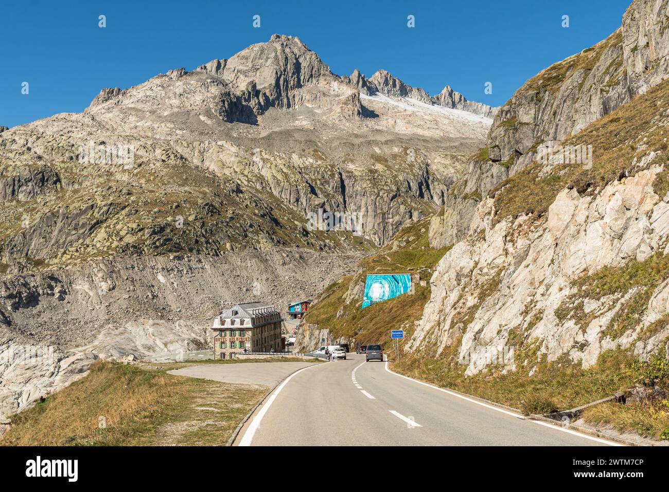 Furka Pass Road et légendaire Hôtel Belvedere, Canton du Valais, Suisse Banque D'Images