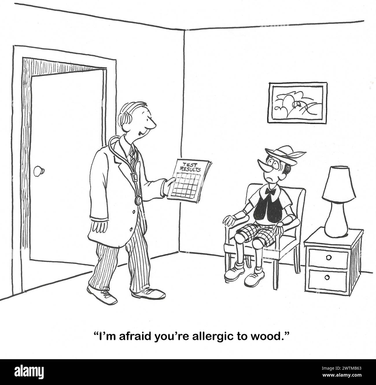 Bande dessinée BW d'un médecin allergologue disant à Pinocchio qu'il est allergique au bois. Banque D'Images