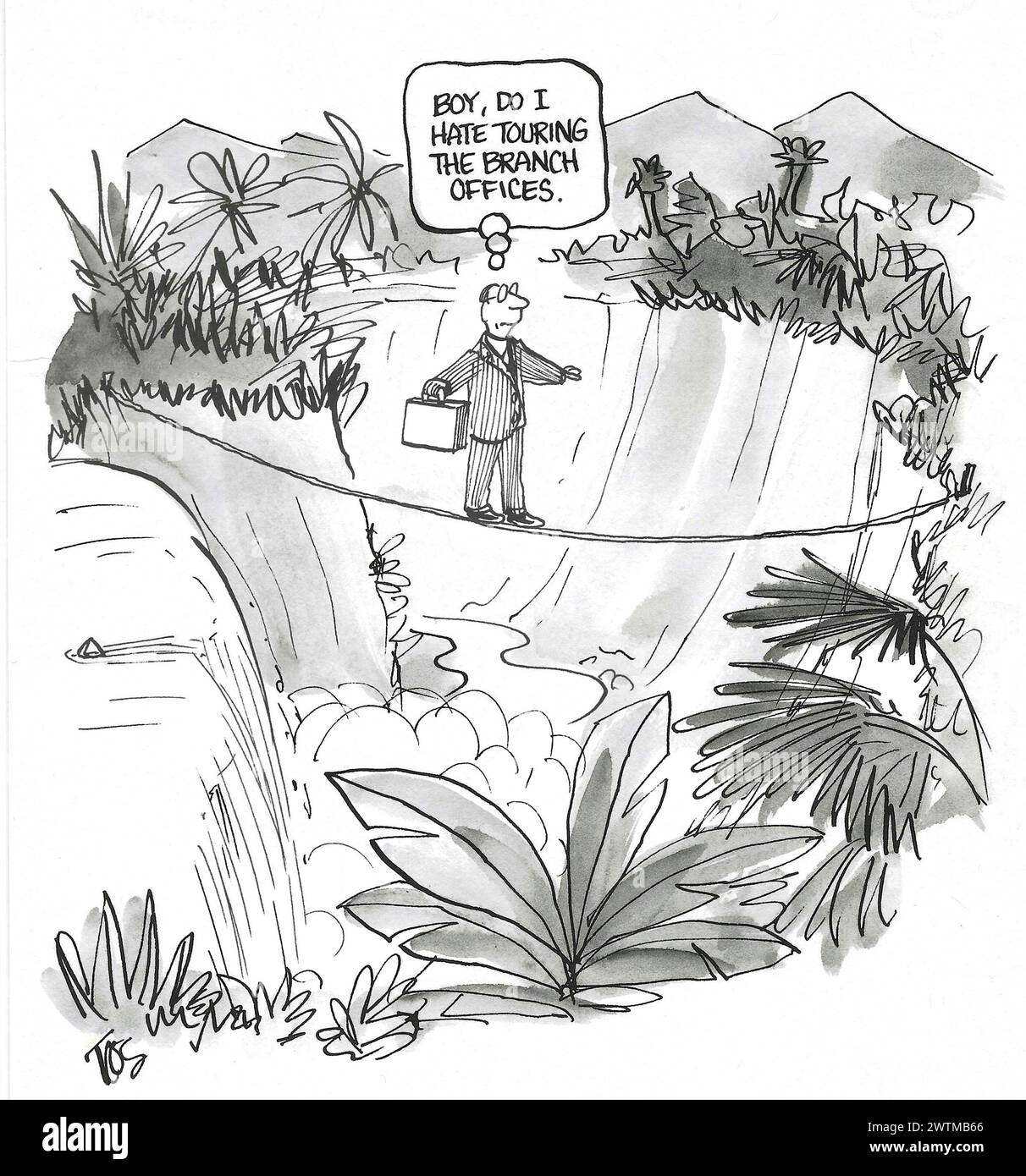 BW dessin animé d'un homme d'affaires traversant un pont de corde, il n'aime pas visiter les succursales. Banque D'Images
