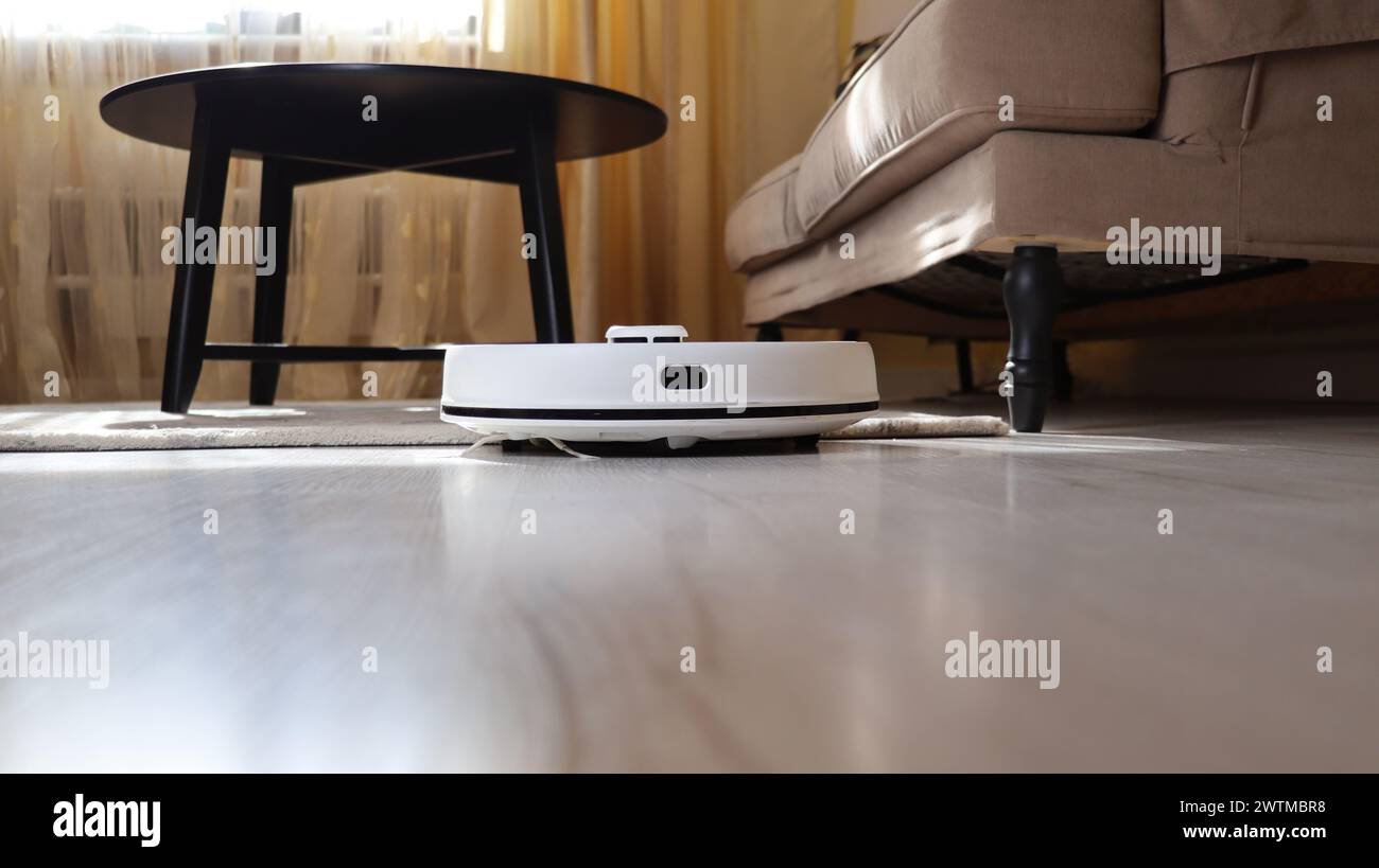 Aspirateur robot sur plancher de bois stratifié et le tapis dans le salon. Banque D'Images