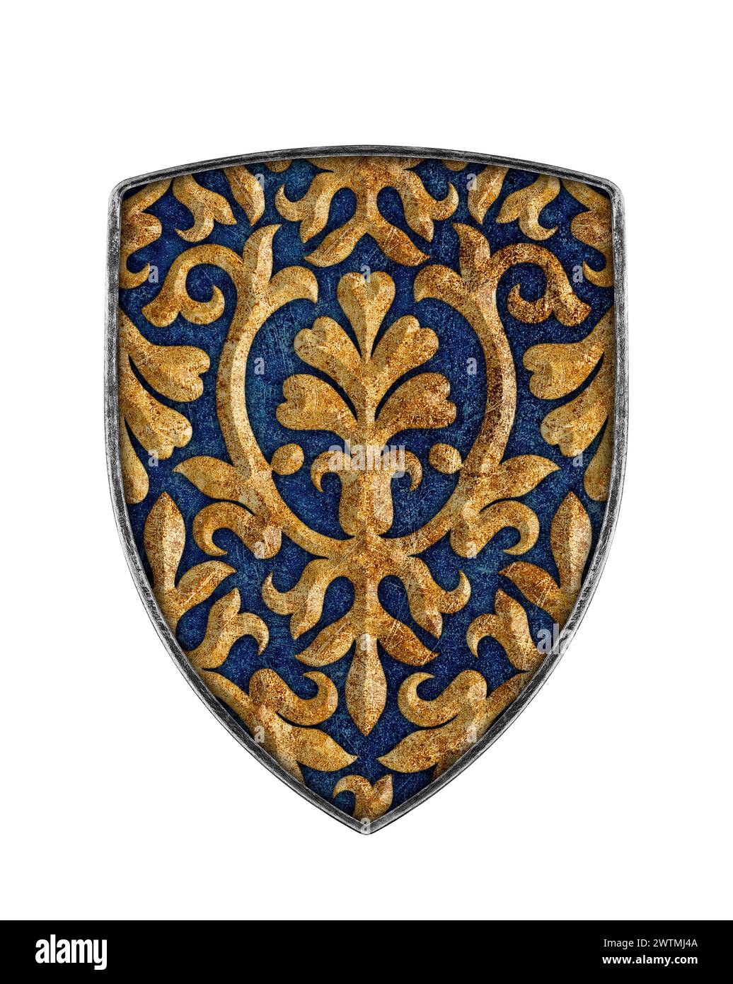 Bouclier décoré médiéval isolé sur fond blanc Banque D'Images