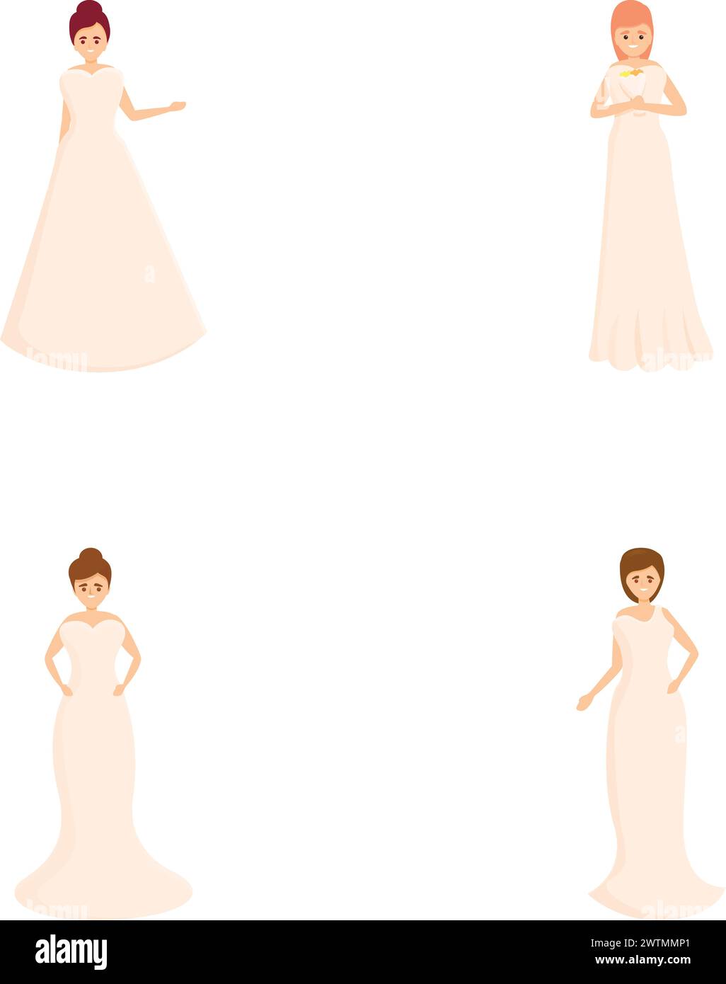 Les icônes de mariée définissent le vecteur de dessin animé. Mariée dans divers styles vestimentaires. Mode mariage Illustration de Vecteur