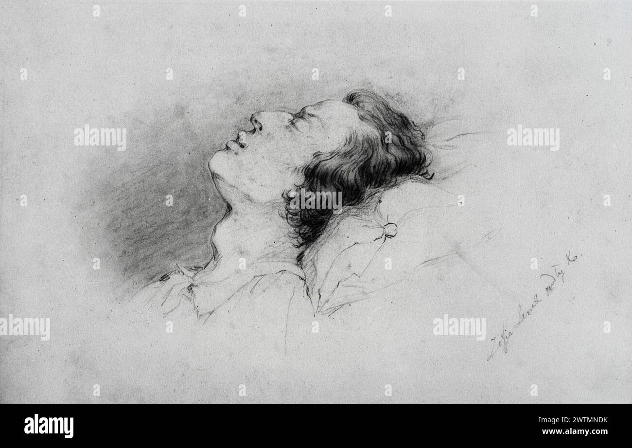 Dessin vintage du compositeur et pianiste polonais Frederic Chopin sur son lit de mort en 1849 Banque D'Images