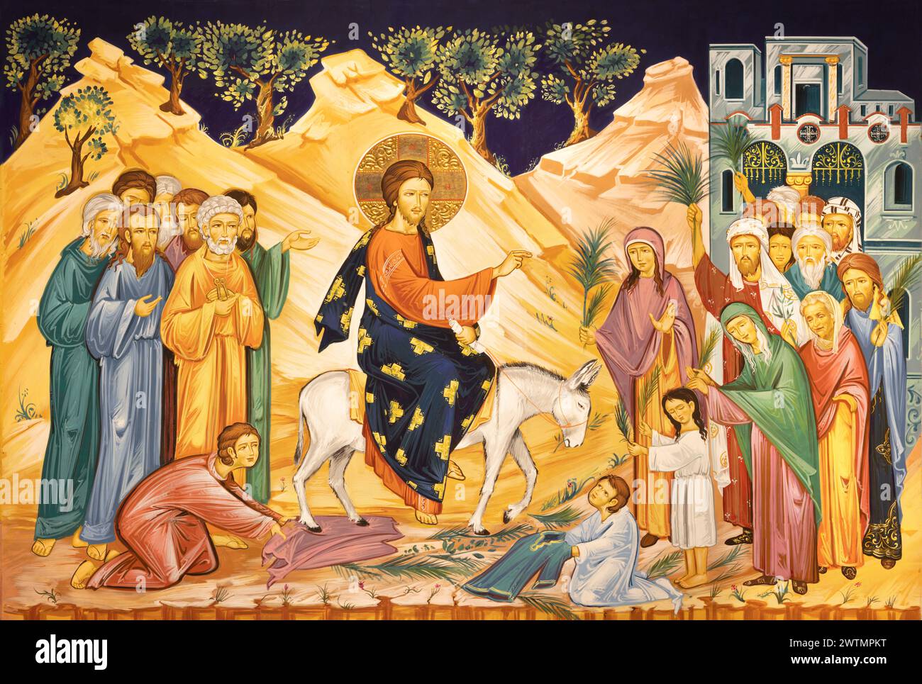 MILAN, ITALIE - 6 MARS 2024 : L'icône entrée de Jésus à Jérusalem (Palm Sundy) dans l'église Chiesa dei Santi Nereo e Achilleo par Iulian Rosu 2021. Banque D'Images