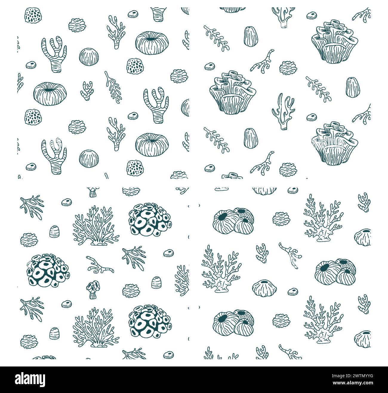 Modèle sans couture avec croquis de coquillages, poissons, coraux et tortues d'organismes Seal Ocean Life. Illustration Doodle pour textile et papier Illustration de Vecteur